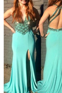 Sleeveless With Train Beading Backless Prom Party Dress with Turquoise Sweep Train