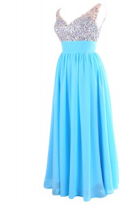 Aqua Blue Column/Sheath Beading Homecoming Dress Zipper Chiffon Sleeveless Floor Length