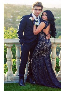 Mermaid Sleeveless Lace Backless Dress for Prom with Navy Blue Brush Train