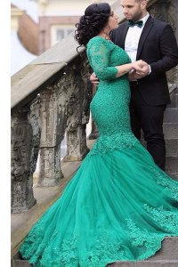 Mermaid Tulle Long Sleeves With Train Evening Dress Chapel Train and Beading and Appliques