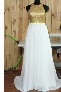 Sequins Sweep Train A-line Prom Party Dress White Scoop Chiffon Sleeveless Backless
