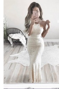 Mermaid Homecoming Dress White Halter Top Lace Sleeveless Floor Length Zipper