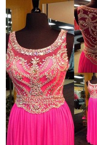 Trendy Scoop Sleeveless Elastic Woven Satin With Brush Train Side Zipper Homecoming Dress in Hot Pink with Beading