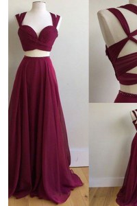 Burgundy A-line Chiffon Square Sleeveless Ruching With Train Criss Cross Dress for Prom Sweep Train