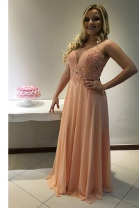 Dazzling Scoop With Train Zipper Prom Dresses Peach for Prom and Party with Beading and Lace Sweep Train