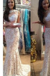 Mermaid Lace With Train White Homecoming Dress Scoop Sleeveless Brush Train Zipper