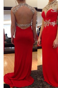 Sweet Sleeveless Chiffon With Train Sweep Train Backless Winning Pageant Gowns in Red with Beading