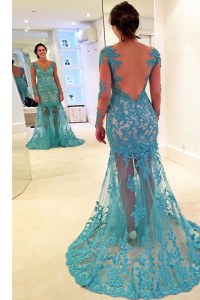 Lace With Train Mermaid Long Sleeves Blue Evening Dress Brush Train Backless