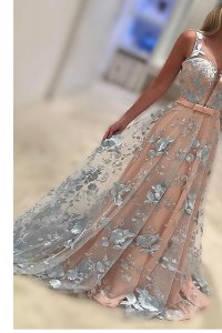 Low Price Peach Sleeveless Sweep Train Lace and Bowknot With Train Dress for Prom