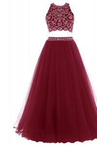 Stylish Halter Top Burgundy Sleeveless Tulle Zipper Prom Dresses for Prom and Party
