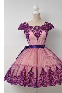 Graceful Square Cap Sleeves Zipper Prom Evening Gown Purple Tulle