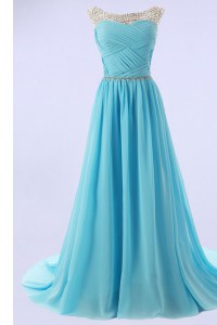 Affordable Sweep Train A-line Evening Dress Baby Blue Scoop Chiffon Sleeveless With Train Zipper
