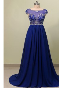 Scoop Cap Sleeves Zipper With Train Beading and Appliques Evening Dress