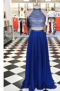 Modest Royal Blue Chiffon Zipper Homecoming Dress Sleeveless Floor Length Beading