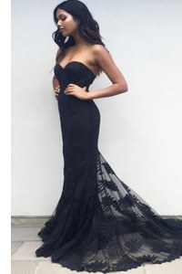 Edgy Mermaid Lace Sleeveless Prom Evening Gown Sweep Train and Lace