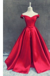 Off the Shoulder Red Zipper Prom Dress Sashes ribbons and Bowknot Short Sleeves With Train Sweep Train