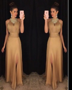 Eye-catching Gold A-line Satin Scoop Sleeveless Beading Floor Length Zipper Evening Dress