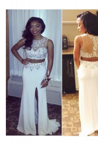 Scoop White Zipper Prom Dress Beading and Appliques Sleeveless Sweep Train