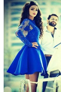 Fancy Sleeveless Mini Length Lace Zipper Cocktail Dresses with Royal Blue