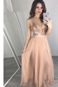 V-neck Sleeveless Prom Evening Gown Floor Length Sequins and Pleated Peach Tulle