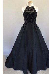 Pleated Halter Top Sleeveless Zipper Homecoming Dress Black Satin