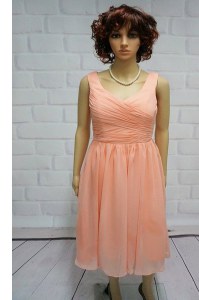 Edgy Peach Chiffon Lace Up Straps Sleeveless Knee Length Prom Gown Ruching