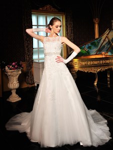 Tulle and Lace Scalloped Sleeveless Court Train Zipper Lace Wedding Dresses in White