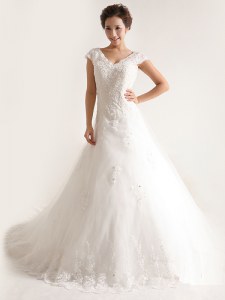 Custom Made White Cap Sleeves With Train Lace and Appliques Lace Up Wedding Dresses