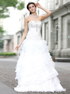 Customized White Wedding Dress Wedding Party and For with Beading and Ruffles and Ruffled Layers Strapless Sleeveless Lace Up