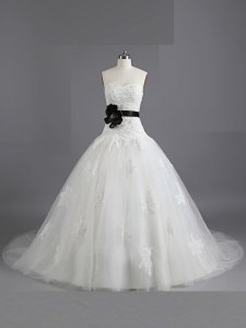 White A-line Sweetheart Sleeveless Tulle With Train Court Train Lace Up Beading and Appliques and Belt Wedding Gowns