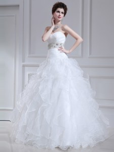 Sweetheart Sleeveless Bridal Gown Floor Length Beading and Ruffles White Organza