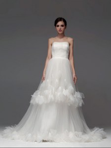New Arrival Sleeveless Tulle With Brush Train Lace Up Bridal Gown in White with Ruffled Layers and Ruching