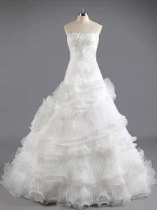 Glamorous With Train Lace Up Wedding Gown White for Wedding Party with Ruffled Layers Court Train