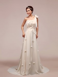 One Shoulder White Chiffon Lace Up Wedding Gowns Sleeveless With Brush Train Ruching and Hand Made Flower