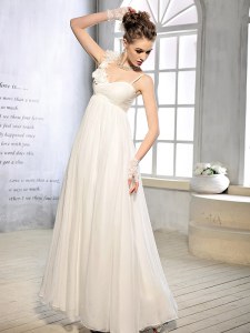 Gorgeous White Sleeveless Floor Length Ruching and Hand Made Flower Lace Up Wedding Gowns