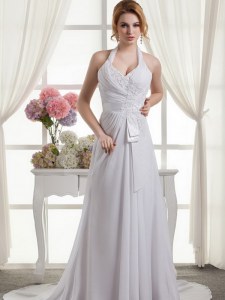 Classical Halter Top White Sleeveless Lace and Appliques and Ruching and Bowknot Wedding Dress