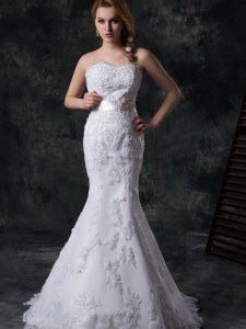 Elegant Mermaid White Sweetheart Lace Up Beading and Appliques and Bowknot and Belt Wedding Gown Brush Train Sleeveless