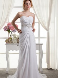 Suitable Chiffon Sweetheart Sleeveless Sweep Train Lace Up Beading and Ruching Wedding Gowns in White