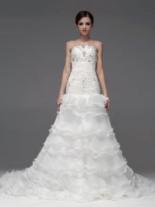 Fine White Lace Up Wedding Dress Beading and Ruffles and Ruffled Layers Sleeveless