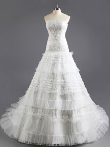 Fine Organza Sleeveless With Train Wedding Dresses Court Train and Beading and Appliques and Ruffled Layers
