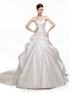 White Sleeveless Chapel Train Beading and Pick Ups With Train Wedding Gowns