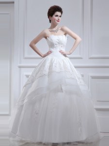 Wonderful Ruffled A-line Wedding Dresses White Strapless Organza and Taffeta Sleeveless Floor Length Lace Up