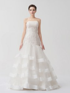 Strapless Sleeveless Tulle Wedding Gown Beading and Appliques and Ruffled Layers Brush Train Lace Up