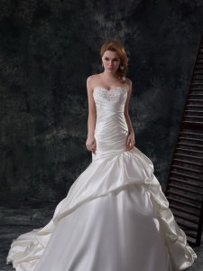 Cute Mermaid White Lace Up Wedding Dress Beading and Ruching Sleeveless Court Train
