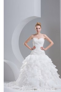 Ruffled Brush Train A-line Wedding Gowns White Sweetheart Organza Sleeveless With Train Lace Up