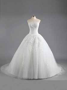 Edgy White A-line Tulle Strapless Sleeveless Beading and Appliques With Train Lace Up Wedding Gown Court Train