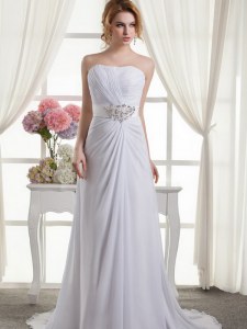 Beading and Ruching Bridal Gown White Lace Up Sleeveless Sweep Train