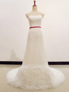 Simple Sleeveless Sweep Train Lace Zipper Wedding Dresses