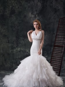 Mermaid Sleeveless Beading and Ruffles Lace Up Wedding Dress with White Brush Train