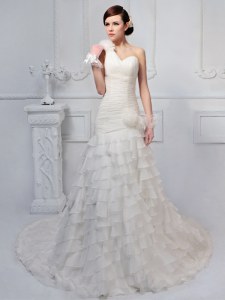 Elegant One Shoulder White Sleeveless Ruffled Layers and Ruching and Hand Made Flower Lace Up Wedding Gowns